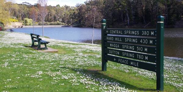 peace mile and mineral springs sign at lake daylesford 